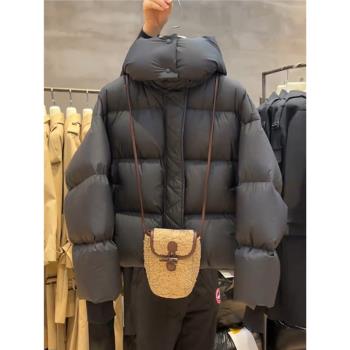 黑色短款羽絨服女2023年冬季新款肯豆風泡芙加厚連帽90白鴨絨外套