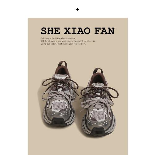 厚底老爹鞋女2025春季新款復古拼色百搭網面雙鞋帶港風休閑運動鞋