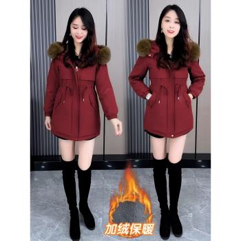 派克棉服女2024冬新款加絨加厚時尚小個子中長款毛領連帽長袖外套
