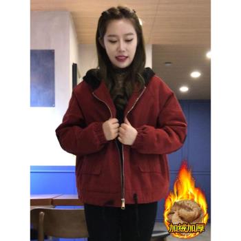 加絨加厚派克服外套女2024年冬季新款小個子寬松休閑連帽印花上衣
