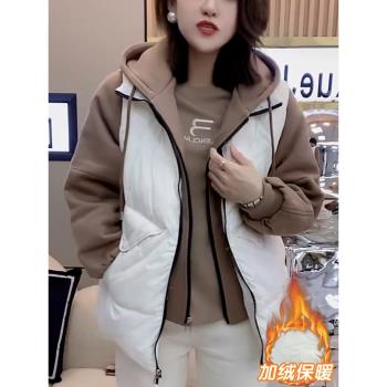 假兩件連帽羽絨棉服女冬季今年流行加絨加厚時尚休閑短款外套棉衣