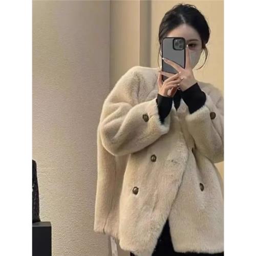 羊羔毛外套女秋冬季新款水貂毛皮草短款皮毛一體寬松毛絨大衣加厚