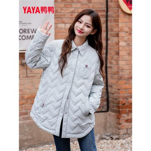 鴨鴨輕薄羽絨服女冬季中長款襯衫領時尚新款韓版休閑秋冬保暖外套