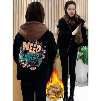高階感炸街加絨連帽短款外套女士秋冬季新款時尚加厚派克棉服上衣