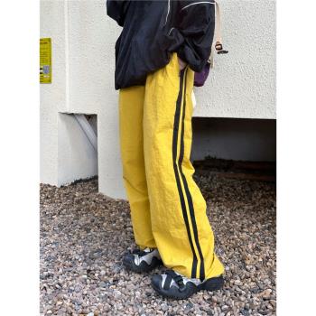2023新品條紋運動速幹褲女薄款寬松闊腿休閑爵士街舞hiphop褲子秋