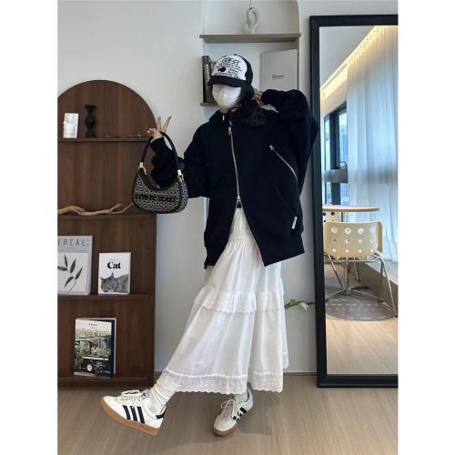 桃你喜歡#甜酷女孩重工鏤空花邊拼接白色長裙傘裙A字半身裙有內襯