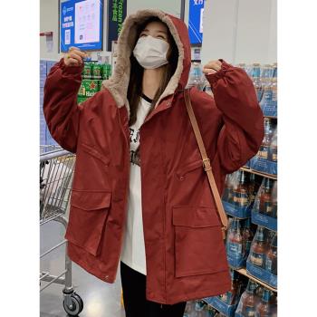 紅色連帽工裝派克服女2024冬季新款小個子學院風加絨保暖棉服外套