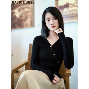 Basic House/百家好設計款法式V領交叉長袖針織衫女2025春季新款