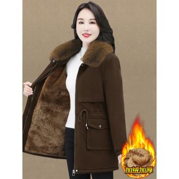 派克中長款棉服冬季新款女裝寬松加絨棉衣羊羔絨羽絨棉襖加厚外套