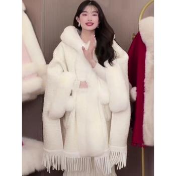 帶口袋斗篷外套女秋冬季連帽中長款加絨加厚大毛領蝙蝠袖披肩大衣