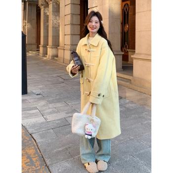 黃色學院風減齡牛角扣毛呢大衣女2024冬新款韓版保暖翻領呢子外套