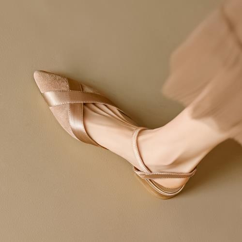 羊皮版真皮磨砂包頭涼鞋女2025新款夏季低跟尖頭法式復古后可女鞋