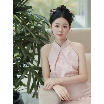 新中式旗袍晨袍高階感輕奢小眾新娘訂婚結婚敬酒服粉色禮服連衣裙