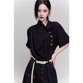 山本耀司復古設計感黑色襯衫寬松男女不規則短袖新中式襯衣上衣夏