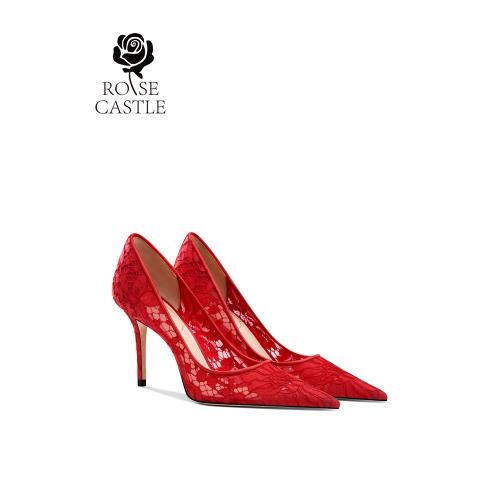【玫瑰莊園】rosecastle婚宴鞋 紅色蕾絲婚鞋女法式高跟新娘單鞋