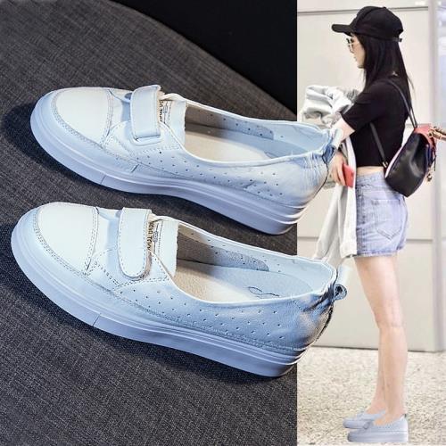 鏤空小白鞋女2025春款百搭淺口一腳蹬內增高女鞋春季真皮透氣板鞋