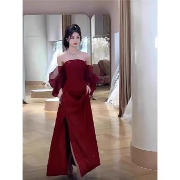 小眾輕婚紗晨袍新娘敬酒服酒紅色抹胸高階感訂婚連衣裙結婚晚禮服
