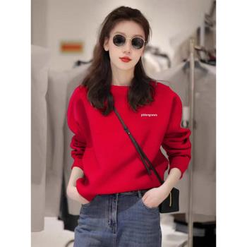 中國紅色加絨衛衣蛇年本命年衣服女秋冬過年新年喜慶大紅加厚外套