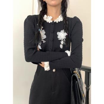 地球店黑色復古名媛千金小香風外套女秋季短款刺繡chic上衣小個子