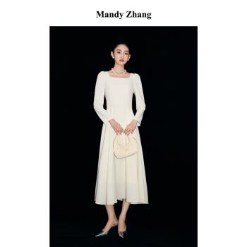 MandyZhang白色氣質醋酸禮服領證連衣裙女秋季方領肌理感長袖裙子