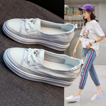 軟牛皮內增高小白鞋女2024新款春百搭一腳蹬真皮春秋淺口豆豆單鞋