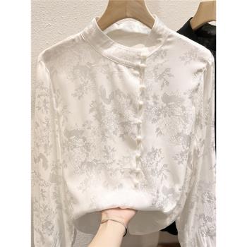 品牌折扣女裝剪標外貿春秋復古立領印花中國風長袖雪紡襯衫上衣女