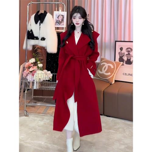 高級感圣誕紅色氛圍感毛呢外套女冬季新款中長款收腰系帶呢子大衣