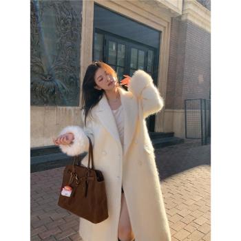 設計款奶白60羊毛富家千金大衣外套女秋冬寬松高階感長款毛呢大衣