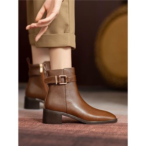 牛皮斷碼清倉高級感小短靴女中跟2025秋冬季新款方頭粗跟真皮女靴