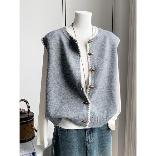 百搭文藝純色針織馬甲開衫女春秋寬松疊穿背心圓領牛角扣毛線馬夾