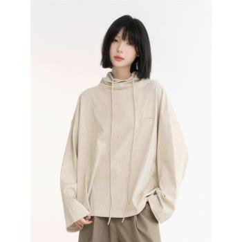 萬有引力博物館堆堆領純色長袖T恤女秋季2024年新款寬松純棉上衣K
