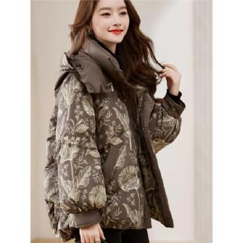 寬松品牌羽絨服女冬季2025新款短款印花小個子加厚保暖顯瘦白鴨絨