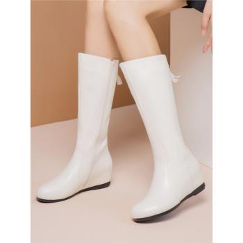 全牛皮高筒靴冬季新款騎士靴真皮中長靴子女中筒靴平底內增高靴子