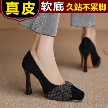 水鉆單鞋春季新款真皮防水臺粗跟高跟鞋時尚尖頭口宴會女