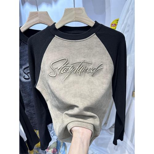 特價加絨雙面絨美式復古長袖t恤女裝秋冬2024新款上衣內搭打底衫