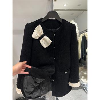 歐貨蝴蝶結設計感帶鉆小香風羽絨服中長款外套女冬名媛風加厚大衣