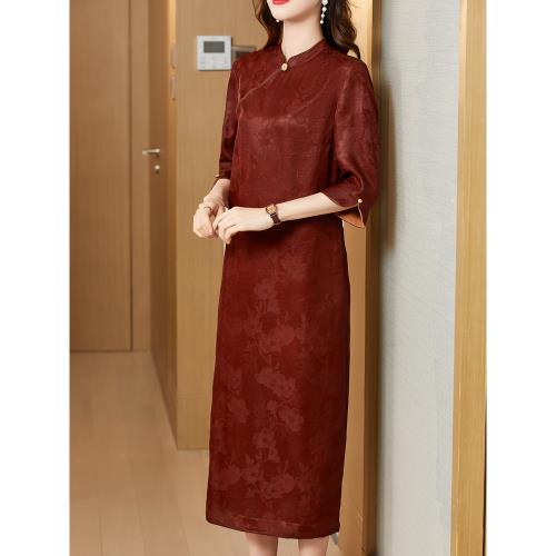 香云紗連衣裙喜婆婆婚宴裝平時可穿改良旗袍禮服媽媽桑蠶絲真絲