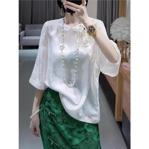 新中式國風真絲提花上衣女夏2025復古唐裝斜襟圓領襯衣七分袖小衫