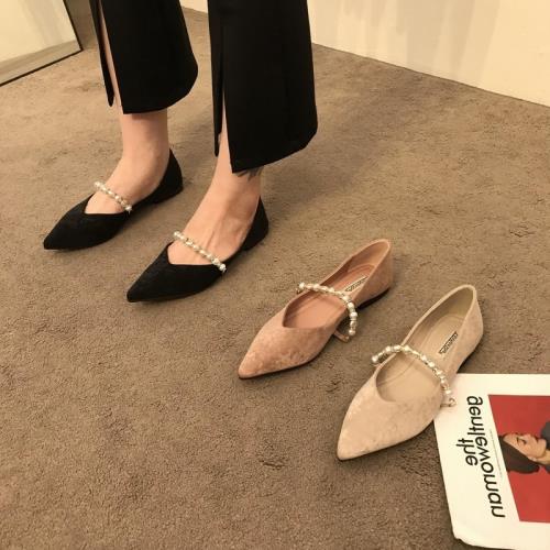 海鹽少女~ITSK單鞋女法式尖頭淺口復古珍珠絨面平底瑪麗珍女鞋