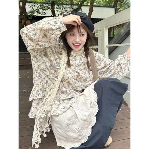森系復古甜美碎花長袖襯衫女秋季學院風蕾絲半身裙娃娃衫四件套