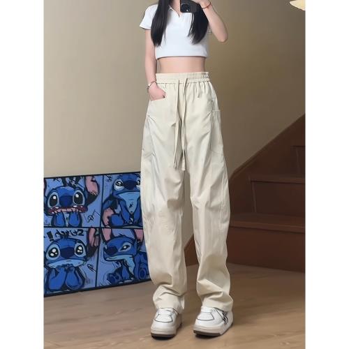 杏色速干加長工裝褲女夏季高個子尼龍傘兵褲子直筒美式彎刀微喇褲