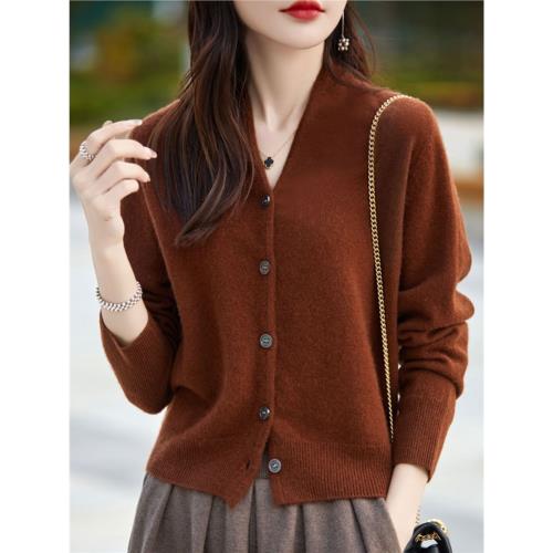 24新款秋冬100%純羊毛開衫女V領寬松針織羊絨純色毛衣長袖薄外套