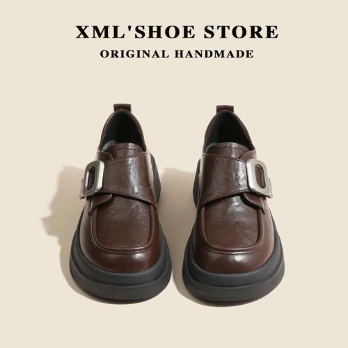 棕色厚底樂福鞋女2025新款春季魔術貼搭扣jk小皮鞋真皮百搭瑪麗珍