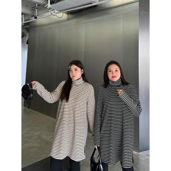 大碼女裝雙面絨保暖高領打底衫200斤胖mm寬松中長款條紋長袖上衣