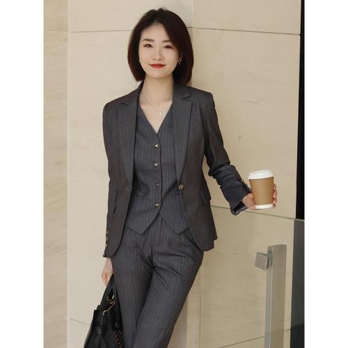 御姐輕熟風馬甲西裝套裝女22025春秋條紋氣質職業正裝商務工作服