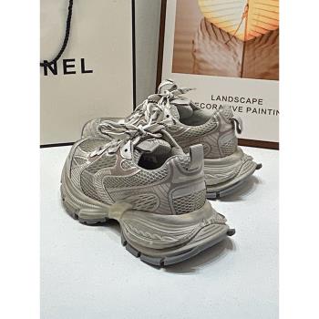 歐洲站真皮老爹鞋女2025春季新款復古做舊厚底網面透氣休閑運動鞋