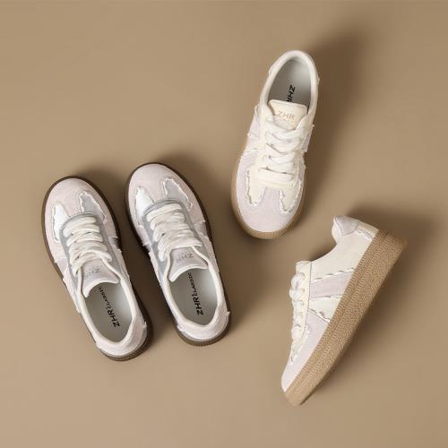 ZHR復古花邊德訓鞋女春新款厚底小白鞋增高休閑鞋蕾絲雙鞋帶板鞋