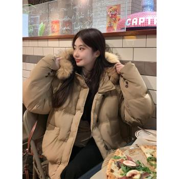 卡其色大毛領連帽棉服女2023年新款冬季加厚派克服小個子棉衣外套
