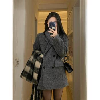 灰色毛呢西裝外套女2024秋冬新款氣質高階感加厚呢子大衣小個子潮
