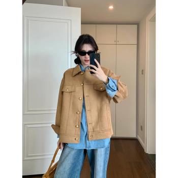 美拉德棕色麂皮外套女2024秋冬新款寬松休閑百搭美式復古夾克上衣